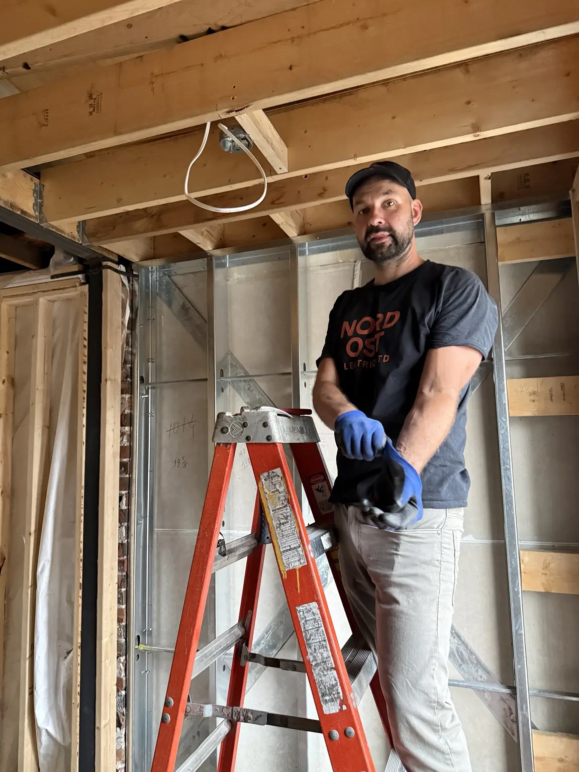 Electrician completing electrical work for a residential construction project